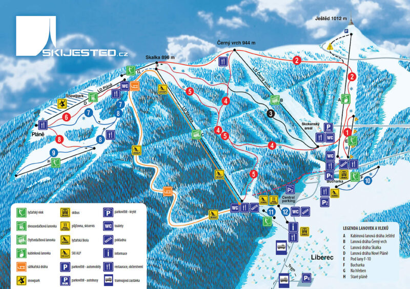 Mapa Ski Ještěd - Sjezdovky, lanovky, vleky