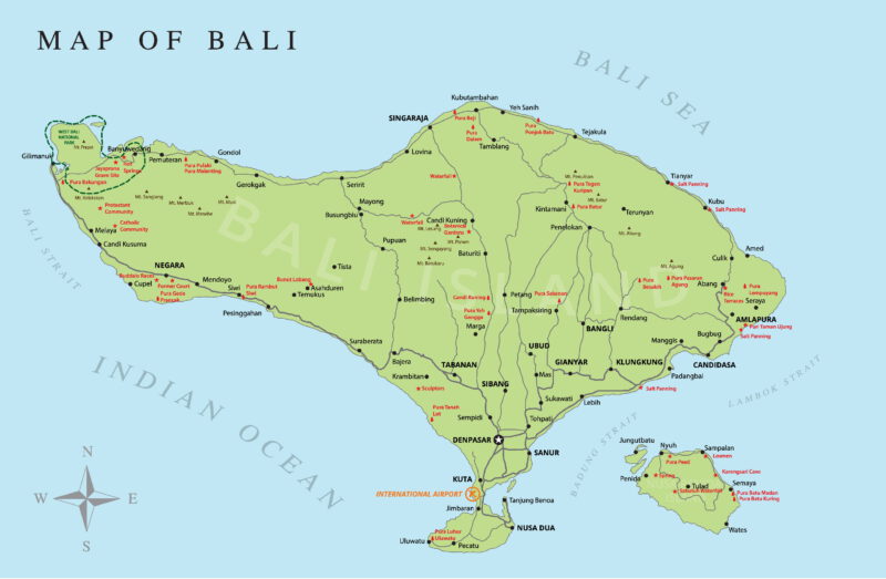 Mapa měst, památek a hlavních zajímavostí Bali