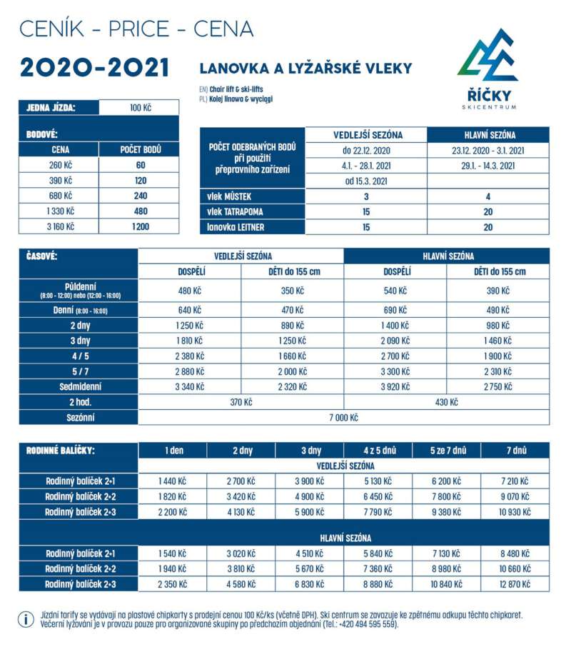 Ski Říčky ceník 2020/2021