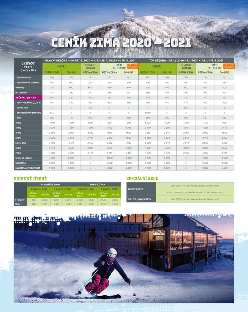 Ski Dolní Morava ceník pro sezónu 2020 - 2021
