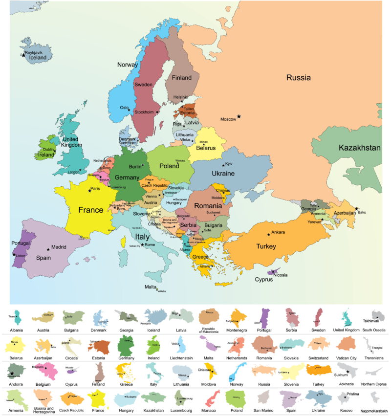  Borders of countries and cities of Europe map 