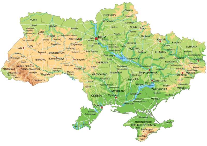 Ukrajina fyzickogeografická mapa