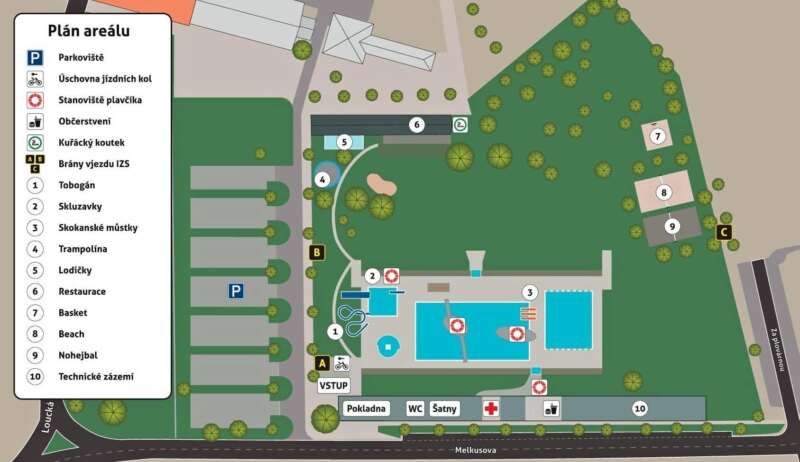 Mapa koupaliště Znojmo - plánek plovárny Louka